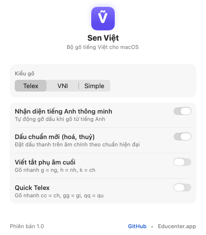 Giao diện Cài đặt Sen Việt